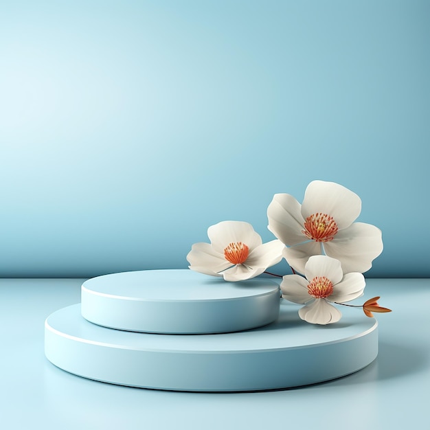 Palco rotondo vuoto per prodotto Podio piedistallo posto per piattaforma dimostrativa prodotto Minimalismo fiori voluminosi colore blu pastello