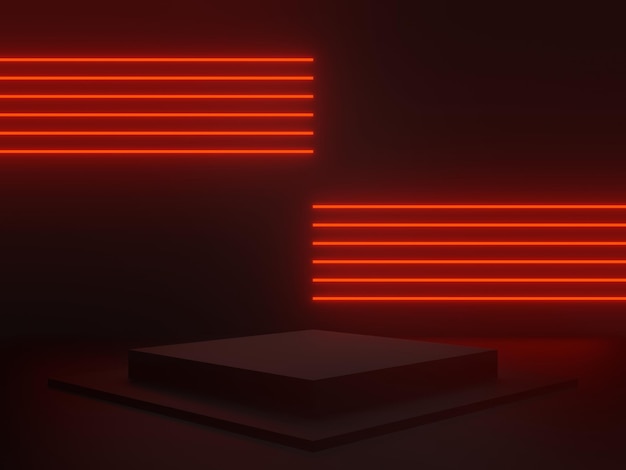 Palco scientifico nero 3D con luci al neon rosse Podio geometrico Supporto SciFi