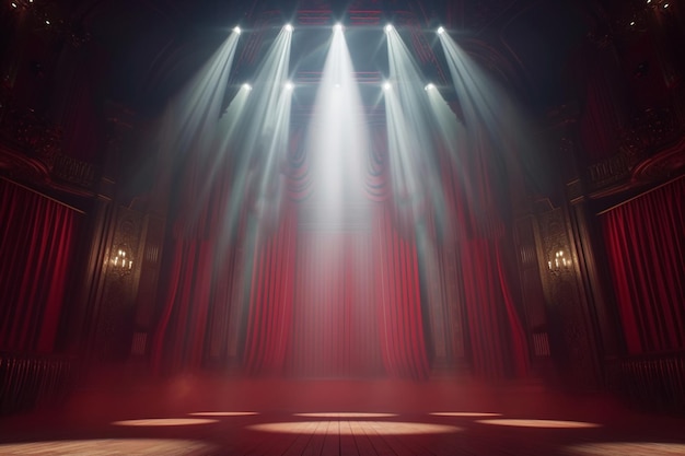 Palco teatrale con tende rosse e proiettori Scena teatrale sullo sfondo luminoso