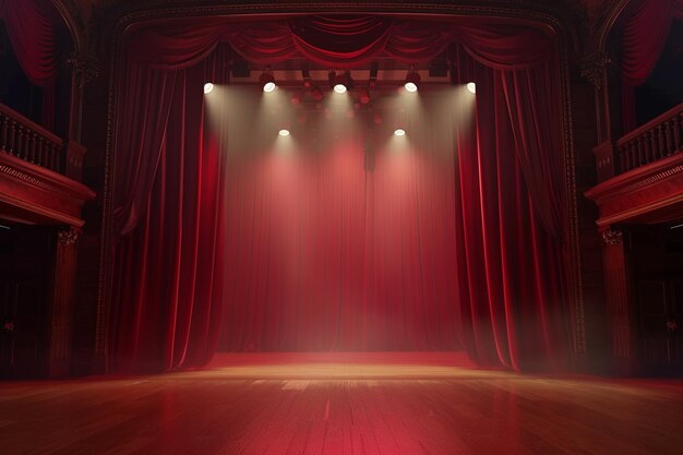 Palco teatrale con tende rosse e proiettori Scena teatrale sullo sfondo luminoso