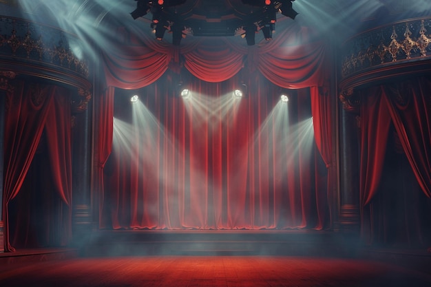 Palco teatrale con tende rosse e proiettori Scena teatrale sullo sfondo luminoso