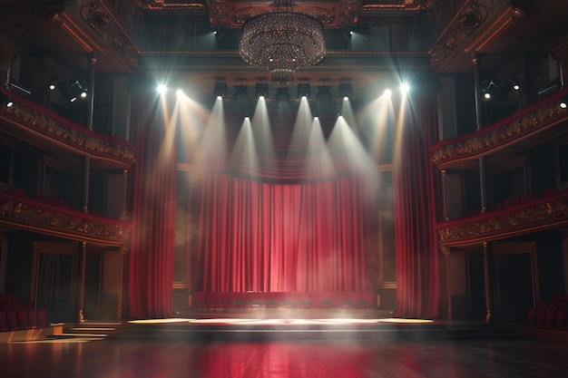 Palco teatrale con tende rosse e proiettori Scena teatrale sullo sfondo luminoso