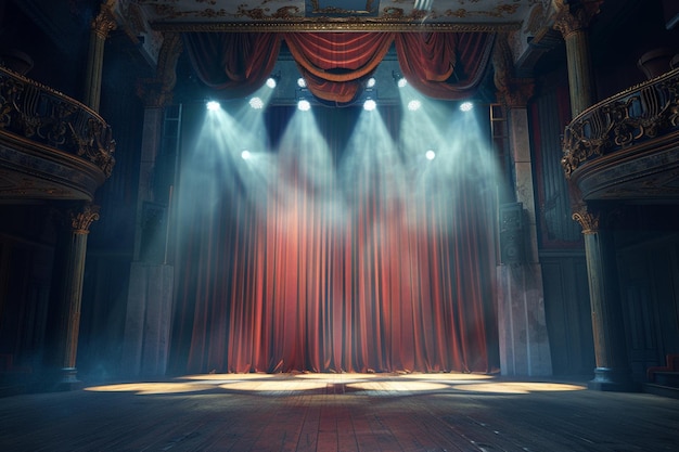 Palco teatrale con tende rosse e proiettori Scena teatrale sullo sfondo luminoso