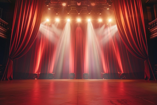 Palco teatrale con tende rosse e proiettori Scena teatrale sullo sfondo luminoso