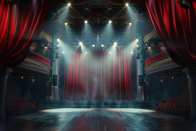 Palco teatrale con tende rosse e proiettori Scena teatrale sullo sfondo luminoso