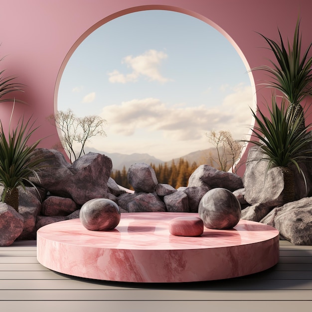 Palco vuoto per prodotto Podio piedistallo posto per dimostrazione prodotto Minimalismo pietre marmo rosa foglie piante natura