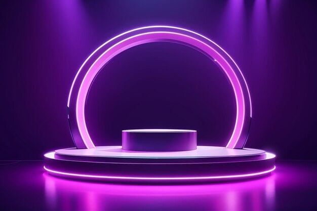 Palcoscenico digitale futuristico al neon viola con arco luminoso a cerchio per la presentazione di prodotti tecnologici scena vettoriale notturna a piedistallo vuoto