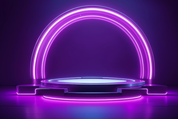 Palcoscenico digitale futuristico al neon viola con arco luminoso a cerchio per la presentazione di prodotti tecnologici scena vettoriale notturna a piedistallo vuoto