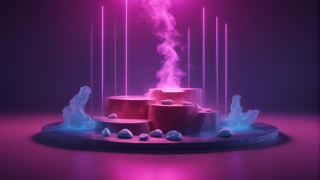 Palcoscenico futuristico con cornice di luci al neon e podio su acqua e fumo generato dall'intelligenza artificiale
