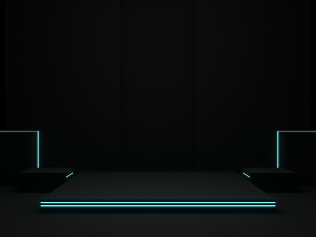 Palcoscenico nero renderizzato in 3D con luci blu