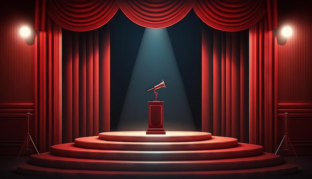 Palcoscenico per uno spettacolo o intrattenimento televisivo con microfono scale tende rosse faretti illuminazione e arredamento Generativo ai