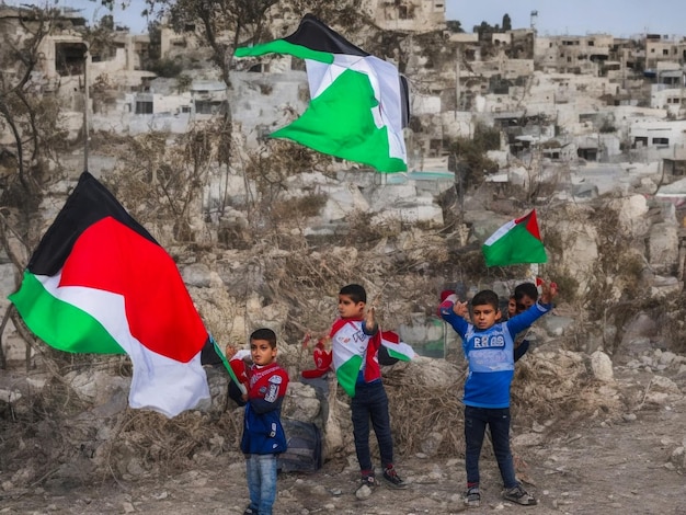 Palestinesi sventolano bandiere palestinesi mentre partecipano a una manifestazione di rabbia per protestare contro le tensioni ad Al