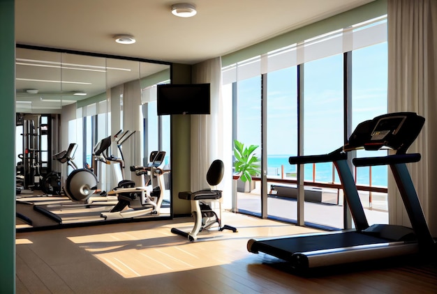 Palestra del centro fitness in hotel e condominio per gli sportivi che si allenano con sfondo naturale IA generativa
