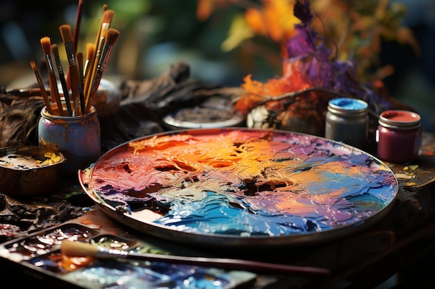 Palette di artisti con colorati tratti di pittura ad olio e pennelli