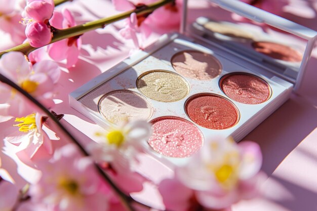 Palette di ombre occhi brillanti a tema primaverile su uno sfondo vibrante alla moda Cosmetici per il trucco AI generativa