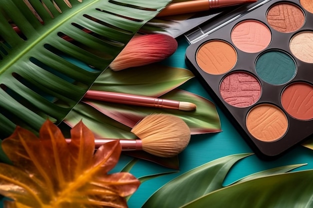 Palette di trucco tropicale con pennelli Colori vivaci per un aspetto estivo AI generativa