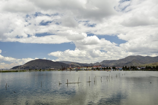 Pali di legno per la pesca lungo la riva del lago Titicaca Puno Perù