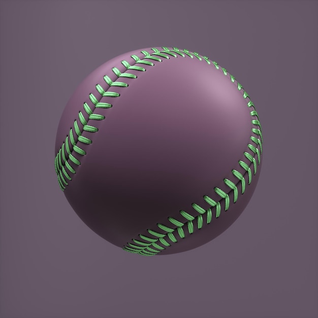 Palla da baseball palla sportiva 3D Rendering colorato sfondo viola palla da baseball viola con verde