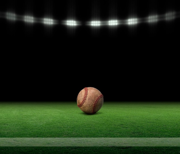 Palla da baseball su un campo in erba con striscia e sfondo nero sotto le luci