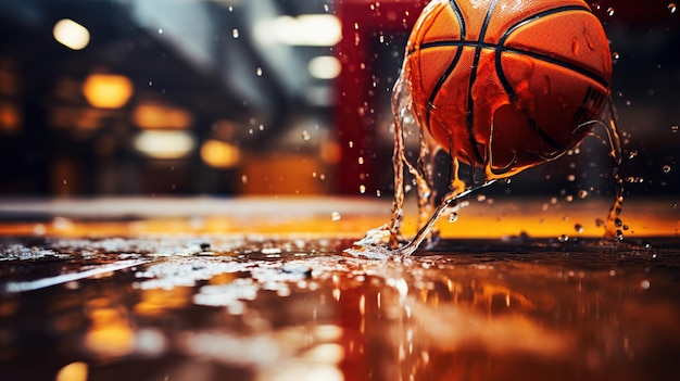 Palla da basket sportiva su sfondo nero sfocato Immagine generata dall'IA