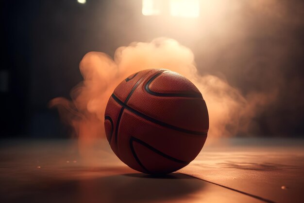 Palla da basket su un pavimento di legno in una stanza buia con fumo nebbioso