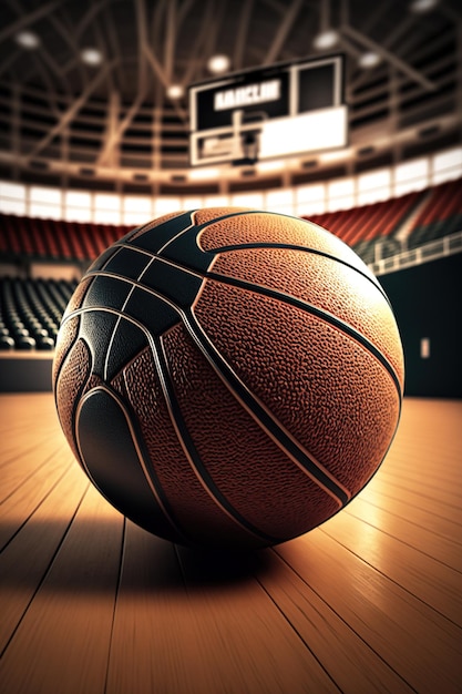 Palla da basket sul pavimento del tribunale da vicino con arena sfocata sullo sfondo