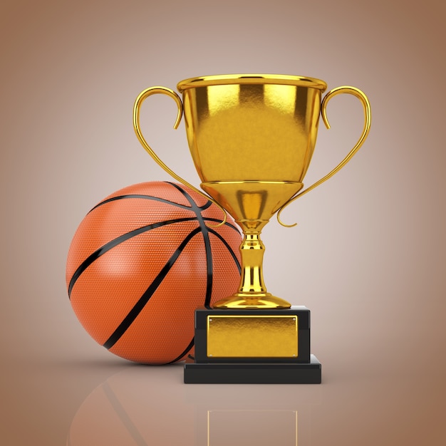 Palla da basket vicino al primo piano estremo della Coppa del trofeo del premio dorato. Rendering 3D