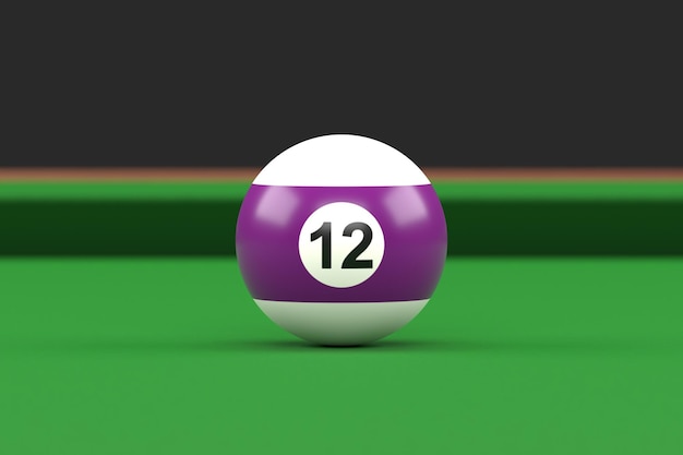 Palla da biliardo numero dodici in colore viola e bianco sul tavolo da biliardo 3D rende l'illustrazione