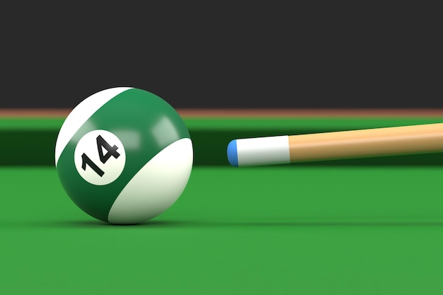 Palla da biliardo numero quattordici in colore verde e bianco sul tavolo da biliardo snooker puntare la stecca 3D