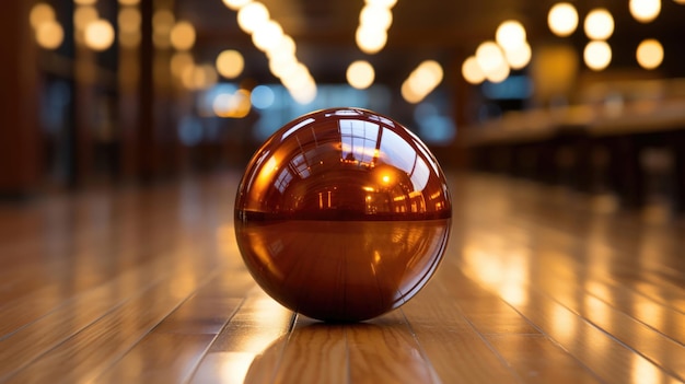 Palla da bowling appoggiata su una corsia sotto morbide luci sfocate