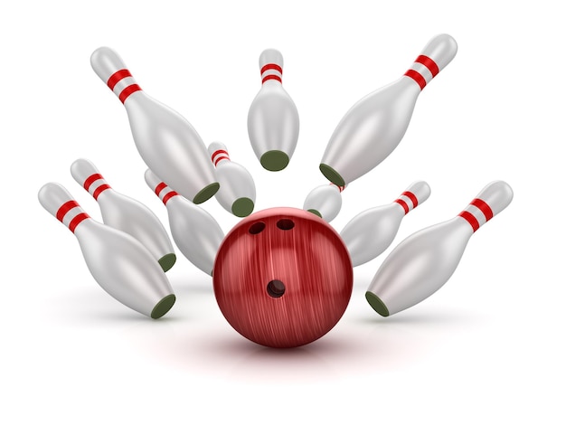 Palla da bowling che si schianta contro i birilli