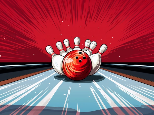 palla da bowling che si schianta contro i perni di una pista da bowling generativa ai