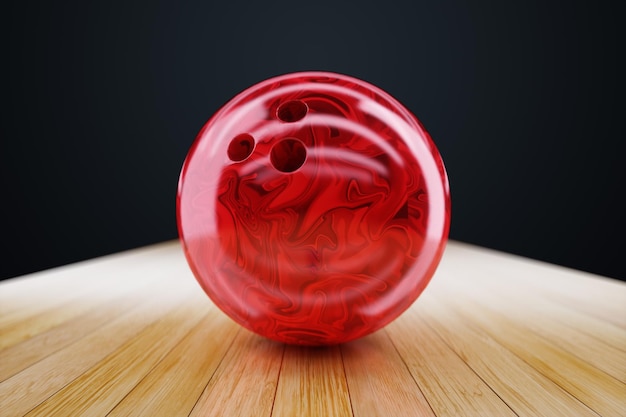 Palla da bowling rossa su una pista di legno Illustrazione 3D Rendering 3D