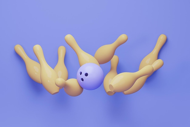 Palla da bowling viola vuota su sfondo pastello mock up vista dall'alto rendering 3d