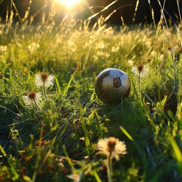 palla da calcio appoggiata su un pezzo di erba