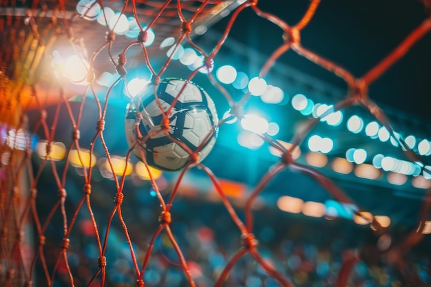 Palla da calcio che vola nell'angolo superiore di una porta Stadio illuminato sfocato sullo sfondo AI generativa