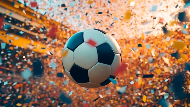 Palla da calcio con confetti che cadono sul grande palco dello stadio AI generativa