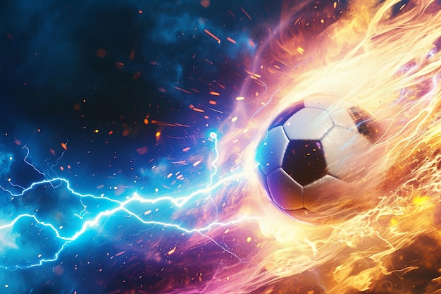palla da calcio con fiamme e fulmini che volano sul cielo notturno sullo sfondo blu e viola