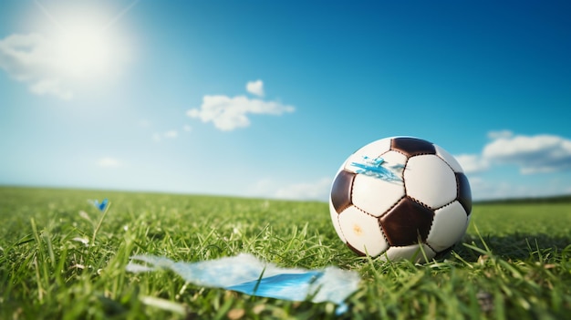 Palla da calcio con un cerotto su un campo di erba verde