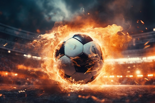 Palla da calcio in fiamme sullo sfondo dello stadio