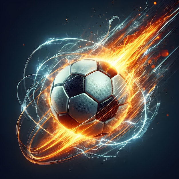 Palla da calcio in fuoco e fulmine su sfondo scuro illustrazione 3D generata da AI