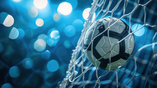 Palla da calcio in porta con rete e sfondo verde questa foto può essere usata per il calcio