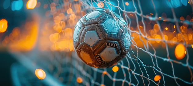 Palla da calcio in porta con rete e sfondo verde questa foto può essere usata per il calcio
