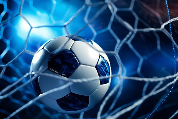 Palla da calcio nella rete di porta su sfondo blu scuro
