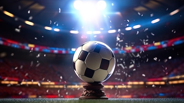 Palla da calcio nello stadio vista da davanti generata dall'AI