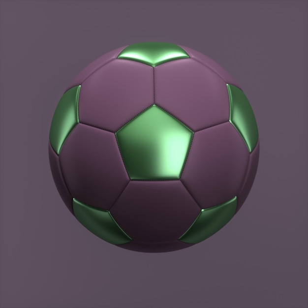 Palla da calcio palla sportiva 3D Rendering colorata sfondo viola scuro palla da calcio viola con verde