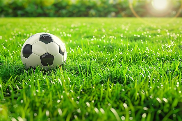 Palla da calcio su un campo di erba illuminato dal sole concetto di rendering 3D