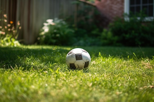 Palla da calcio sull'erba verde IA generativa