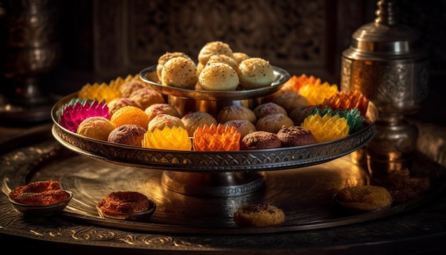 Palla da dessert fatta in casa su vassoio di legno rustico generato da AI