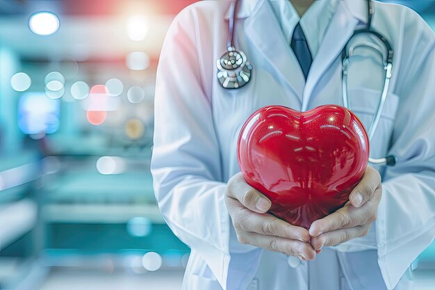 Palla da esercizio a forma di cuore con stetoscopio sullo sfondo dell'ospedale Promozione della salute cardiaca